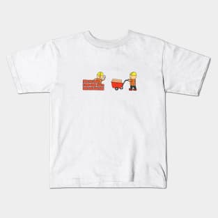 Kids drawing vector Illustration of construction workers building a brick wall and pushing wheelbarrow Kids T-Shirt